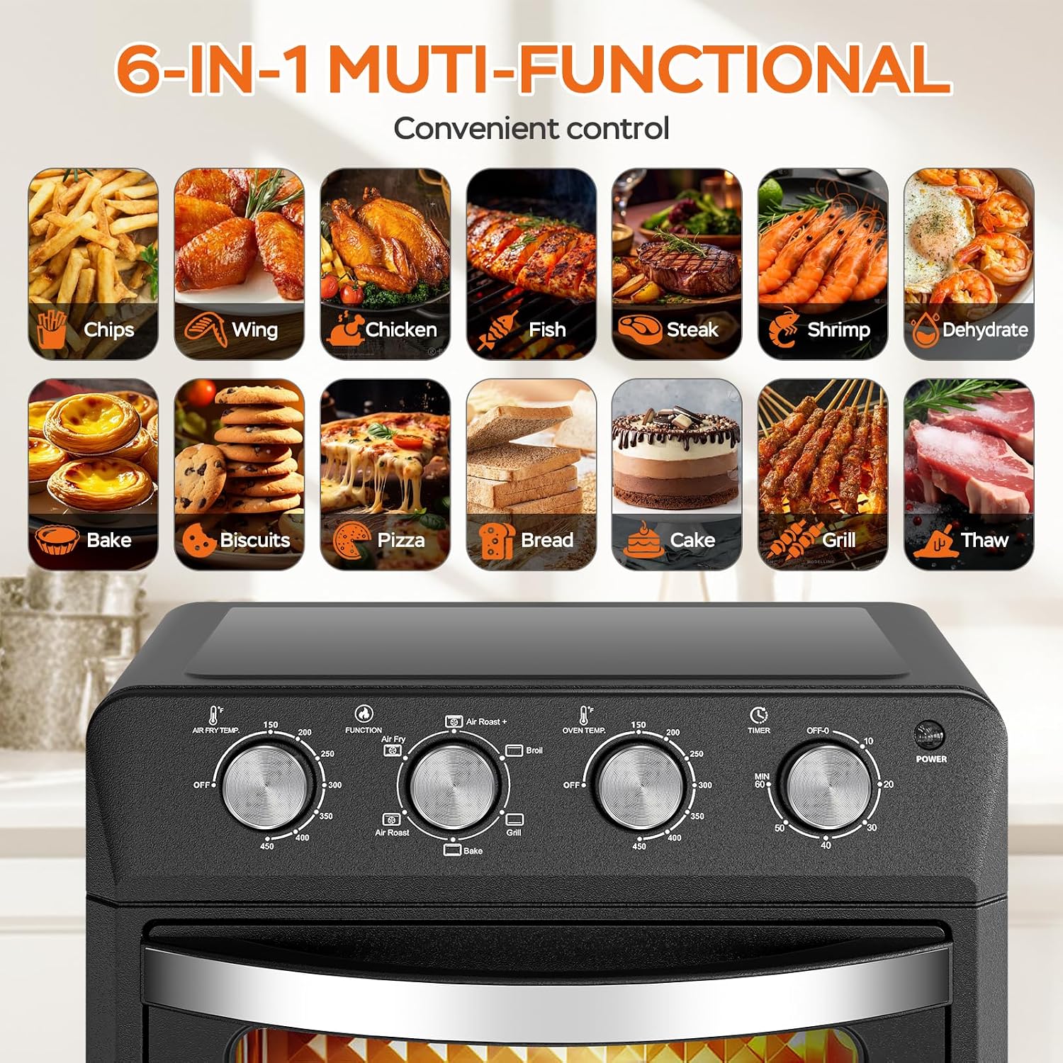 Plum chef 27.5QT 6-in-1 Air Fryer Toaster Oven Extra Large Dropdown-Door 6-Slice Convection Oven for Air Frying, Baking, Roasting, Broiling & Grilling, Stainless Steel Housing, Black