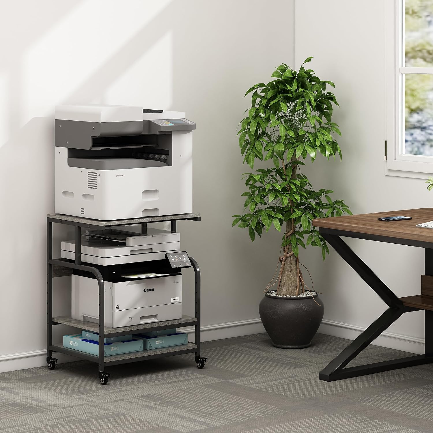 Fannova Large Printer Stand Table 23.6 x18.9 x 30 Inches with Height Adjustable Storage Shelf, 3 Tier Rolling Printer Cart with Wheels for Home Office, Gray