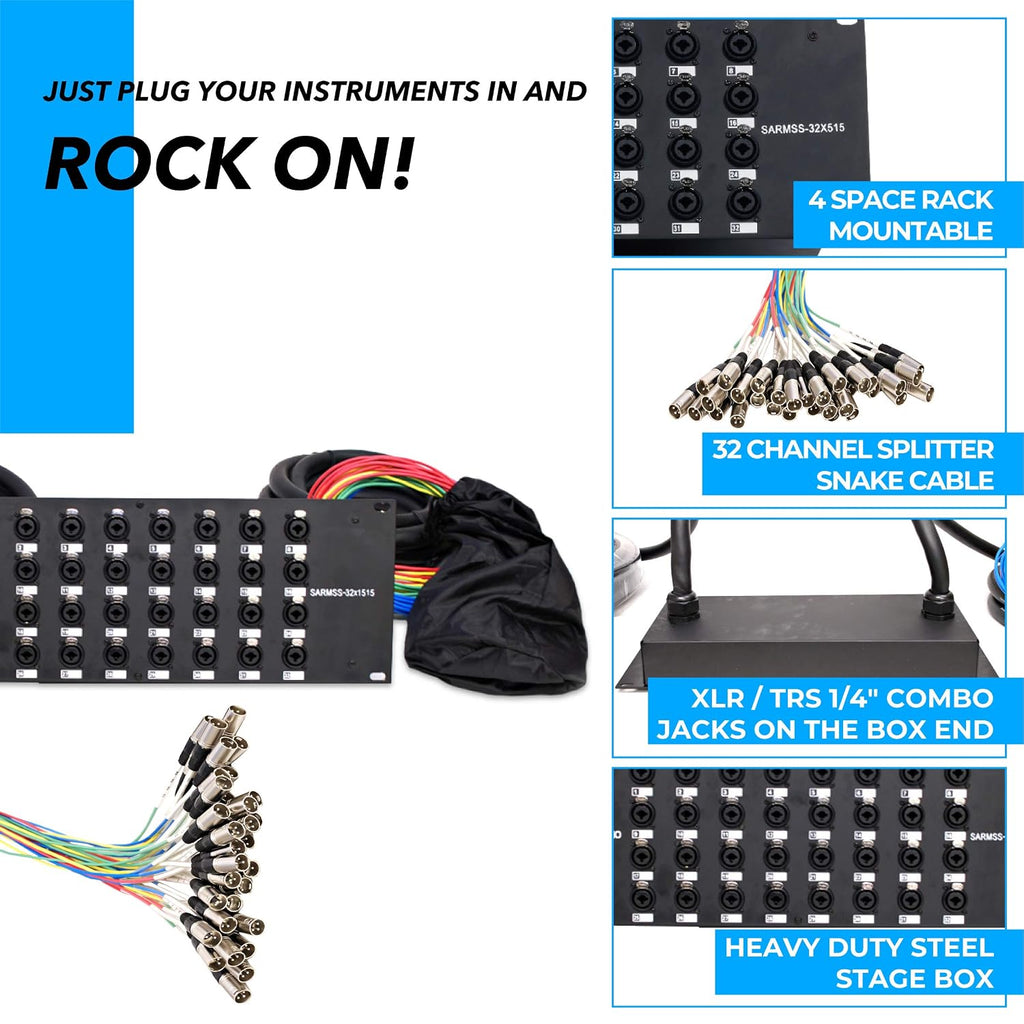 Seismic Audio Speakers Rack Mount 32 Channel XLR TRS Combo Splitter Snake Cable, 5' And 15' XLR Trunks, 32 Channel Splitter