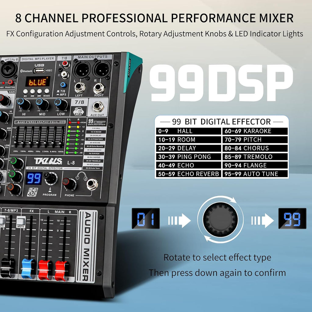 8 Channel Streaming Audio Mixer, Sound Board Mixing Console with USB Interface, 99 DSP Effects, 48V Phantom Power, XLR Inputs for Recording, Content Creation