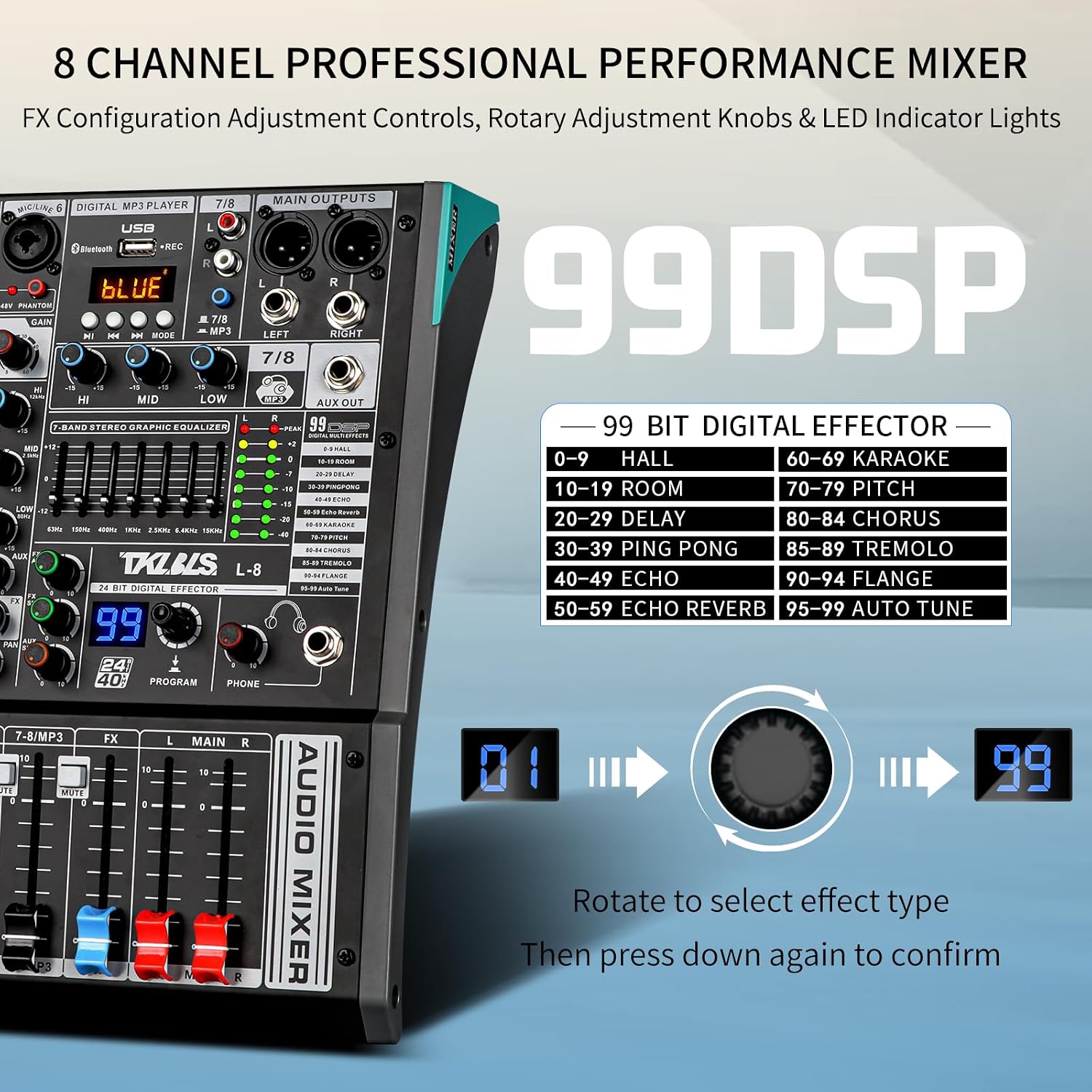 8 Channel Streaming Audio Mixer, Sound Board Mixing Console with USB Interface, 99 DSP Effects, 48V Phantom Power, XLR Inputs for Recording, Content Creation