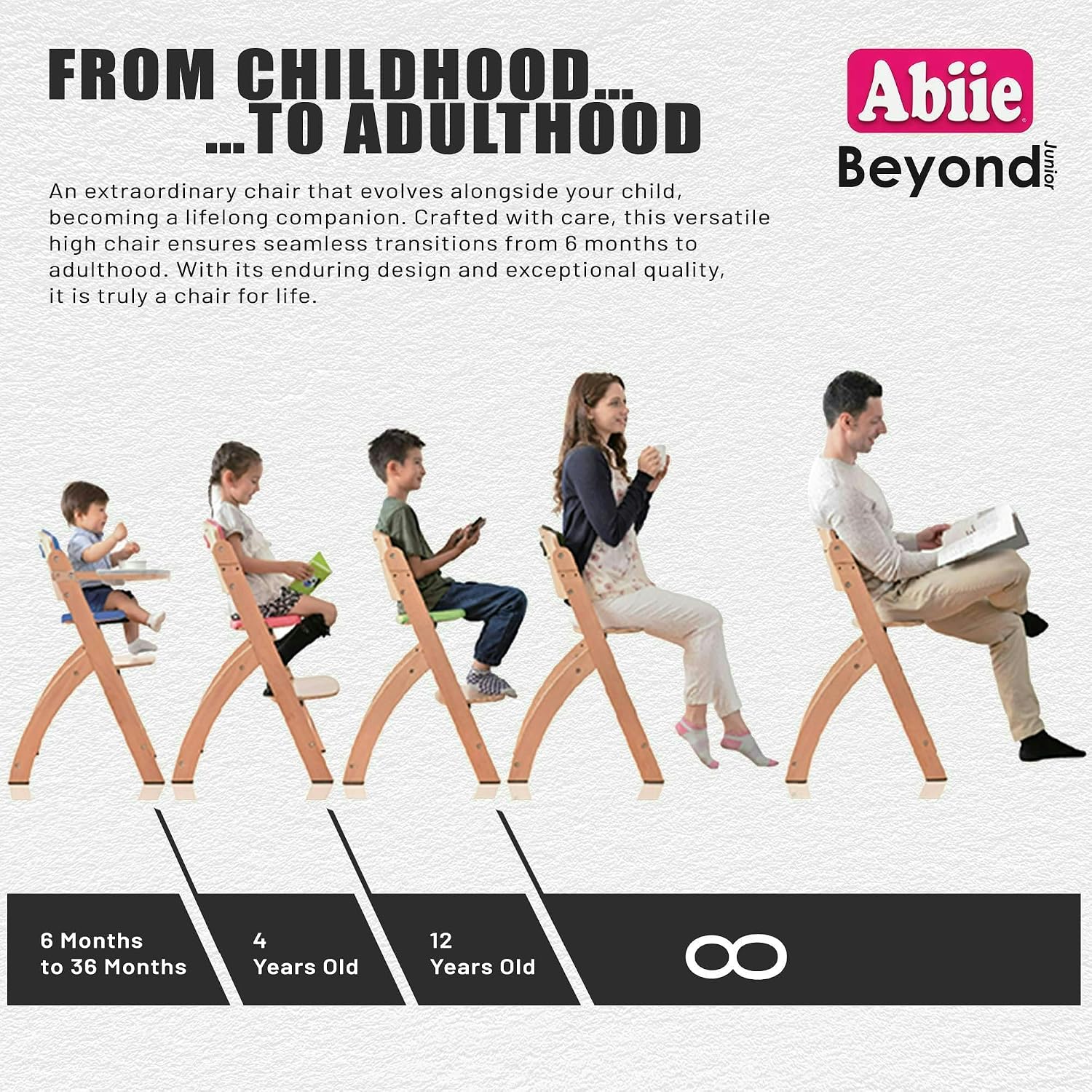 Abiie Beyond Junior Wooden High Chair for Babies and Toddlers - Convertible 3-in-1 Baby Highchair with Removable Tray - 6 Months to 250 Lb - Water Resistant - Natural Wood/Black Pearl Cushion
