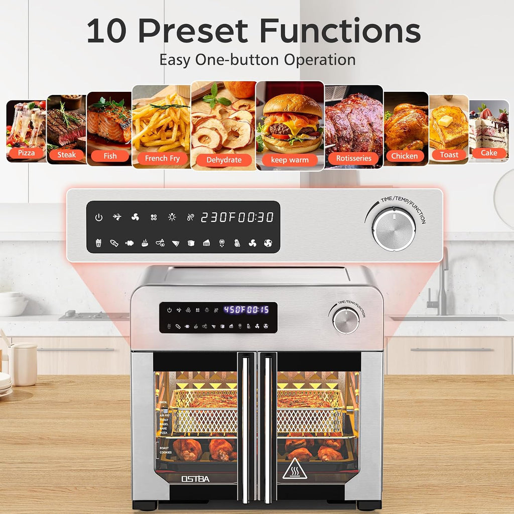 OSTBA French Door Air Fryer Toaster Oven Combo, 102 Recipes & 7 Accessories Extra Large Airfryer Convection Oven Countertop 10-in-1, 30% Faster 90% Less Oil, Stainless Steel