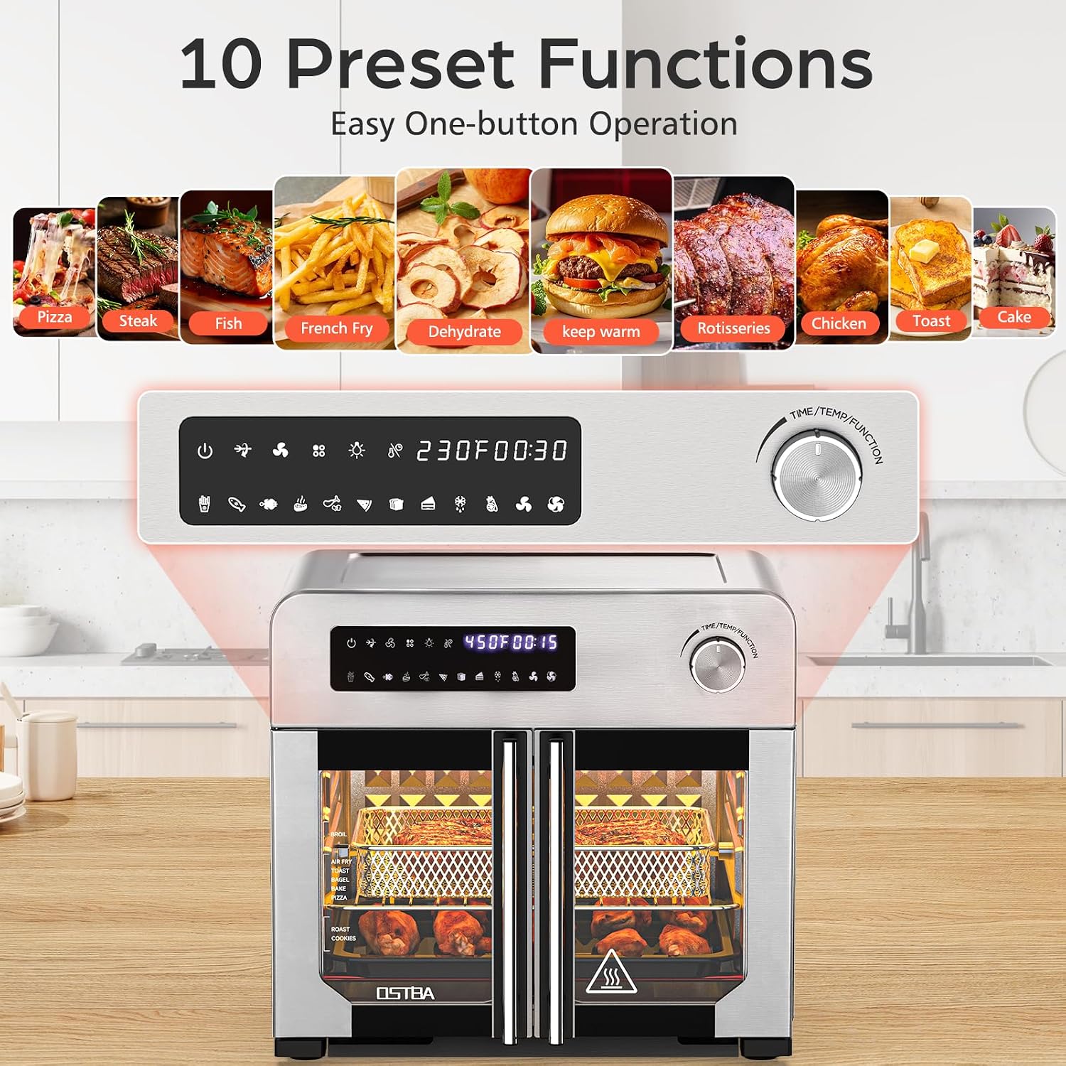 OSTBA French Door Air Fryer Toaster Oven Combo, 102 Recipes & 7 Accessories Extra Large Airfryer Convection Oven Countertop 10-in-1, 30% Faster 90% Less Oil, Stainless Steel