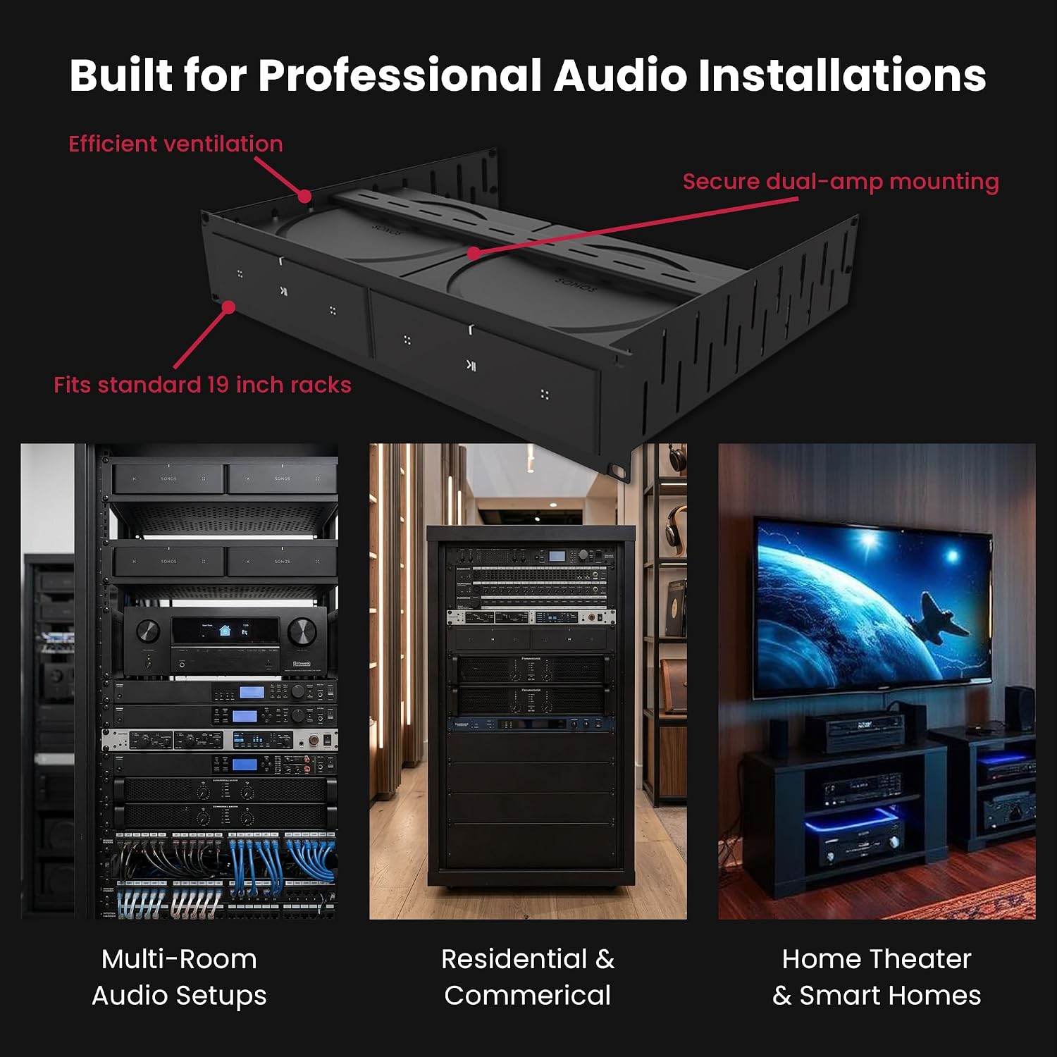 Penn Elcom Custom Media Rack Shelves Compatible with 2 x Sonos Amp Units