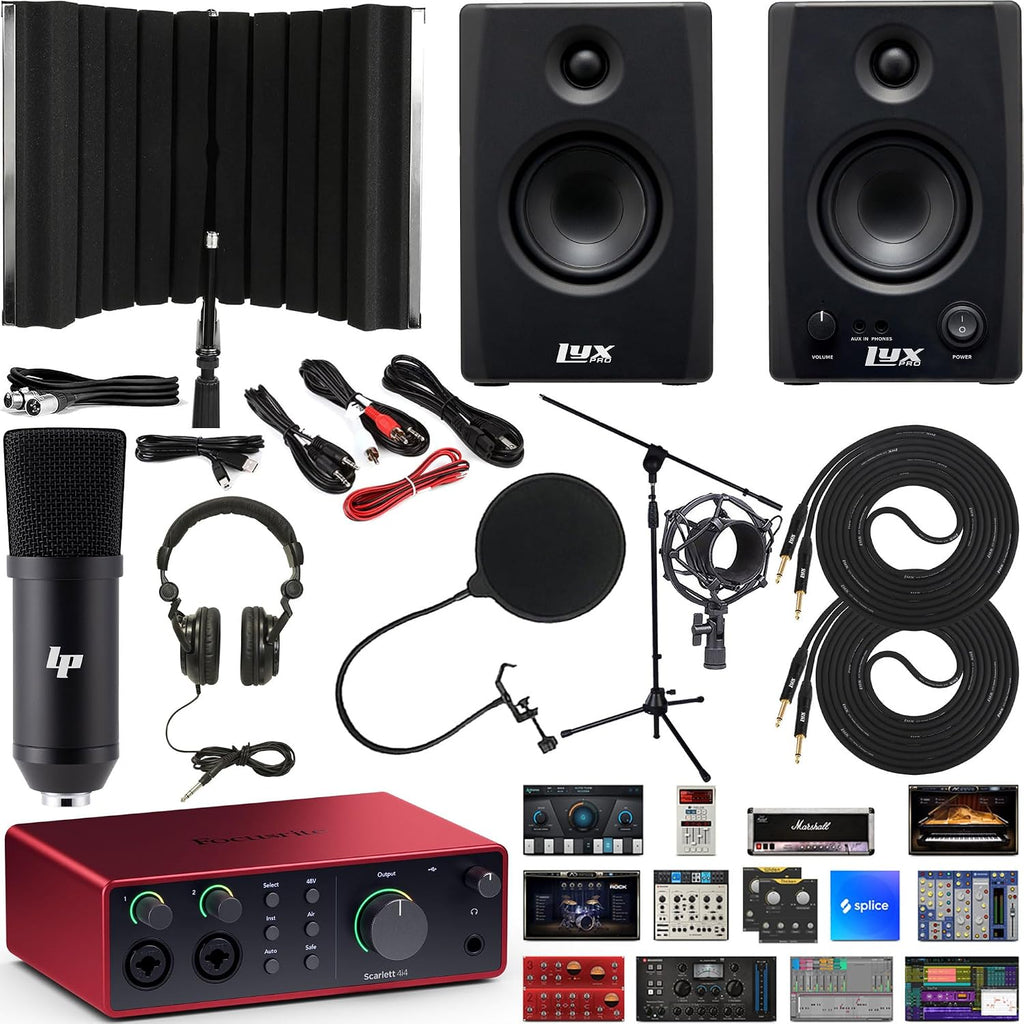 Focusrite Scarlett 4i4 4x4 USB Audio Interface Full Studio Bundle with Download for Creative Music Production Softwar with LyxPro 3.5BT 50W Bluetooth Studio Monitors & Isolation Recording Shield