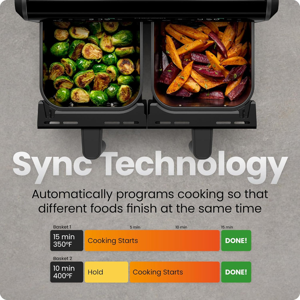 Chefman Dual Air Fryer Oven with DC Motor, 9 Qt. Double Basket Air Fryer with 450°F Max Temp for Meals in Minutes, Bake, Broil, Dehydrate, Reheat for Extra-Crispy Chicken, Fries, and More - Black