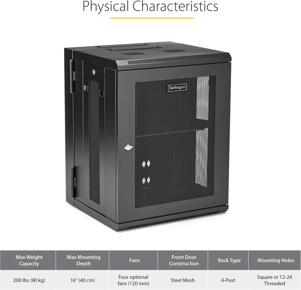 StarTech 4-Post 15U Wall Mount Network Cabinet w/ 1U Shelf, 19' Wall-Mounted Server Rack Kit for IT / Data Computer Equipment, Ships Fully Assembled