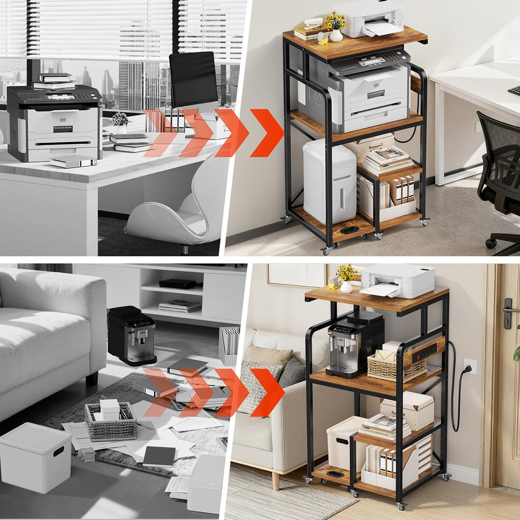 POKIPO Large 4 Tier Printer Stand, 26.7 x 21.2 x 50.2 Inches Tall Printer Cart with Power Outlets 4-Adjustable Heavy Duty Rolling Shelf for Home Office Kitchen Stand for Paper Shredder Mini Fridge