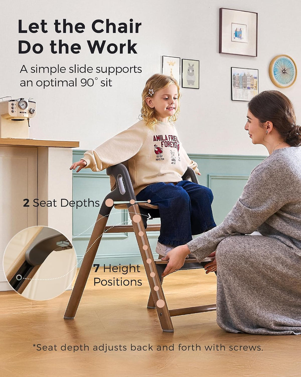 Momcozy High Chair, 5-in-1 Convertible Wooden High Chair with Food-Grade Tray, Baby Set with Removable Harness and Toddler Tower, Highchair for 6 Months to 308 lb, Adjustable & Ergonomic, Walnut