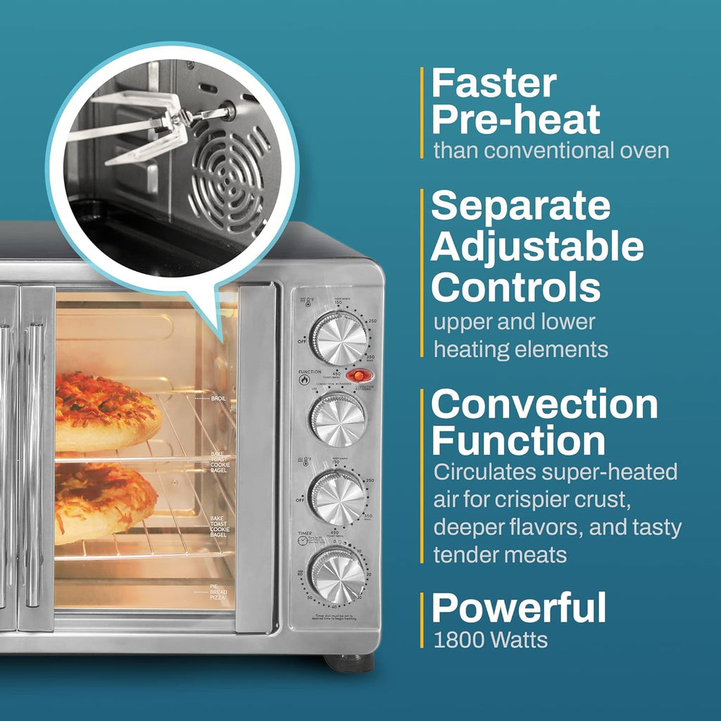 Elite Gourmet ETO4510MX French Door 47.5Qt, 18-Slice Convection Oven 4-Control Knobs, Bake Broil Toast Rotisserie Keep Warm, Includes 2 x 14' Pizza Racks, Stainless Steel