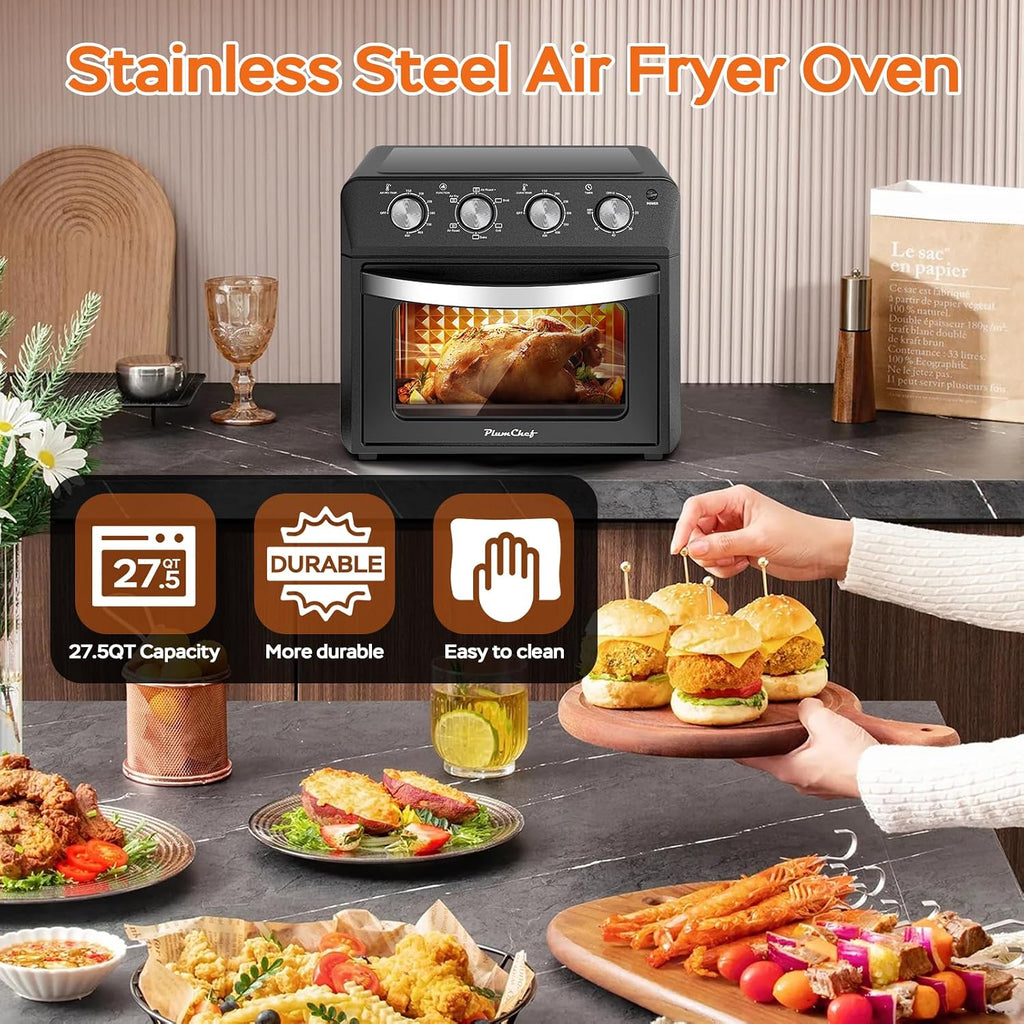 Plum chef 27.5QT 6-in-1 Air Fryer Toaster Oven Extra Large Dropdown-Door 6-Slice Convection Oven for Air Frying, Baking, Roasting, Broiling & Grilling, Stainless Steel Housing, Black