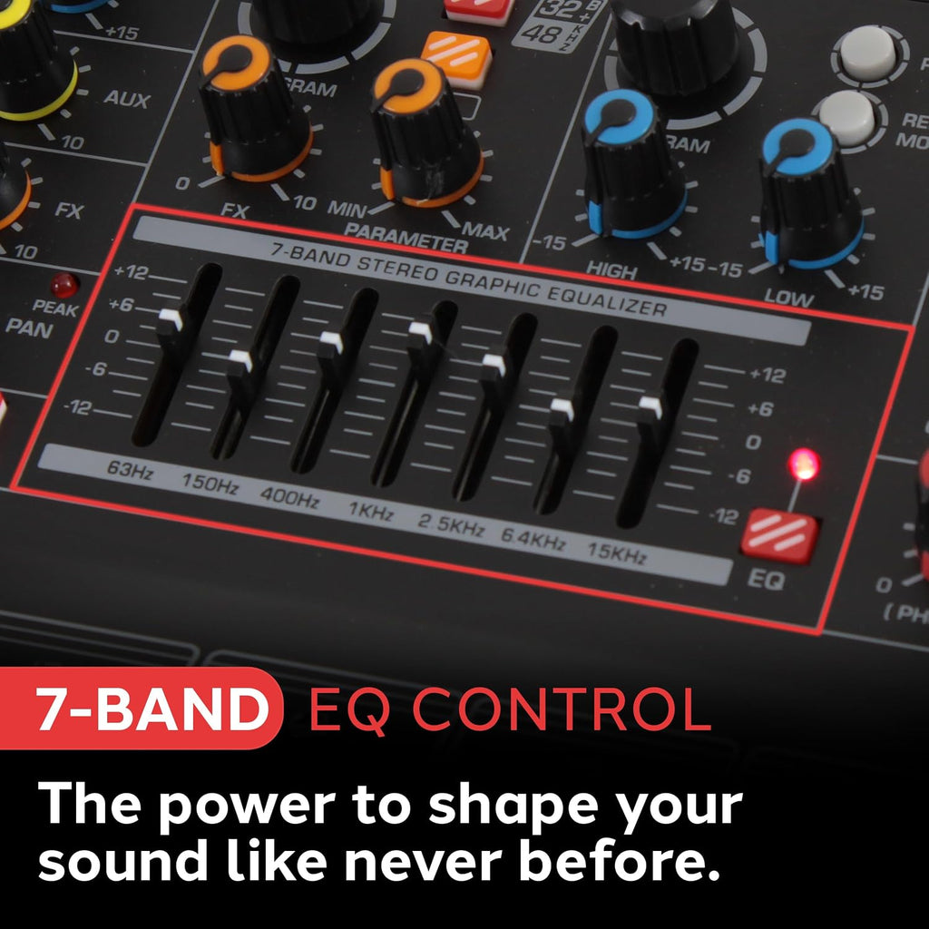 Pyle 12-Channel Console Style Audio Mixer with Bluetooth - DJ Sound Controller, 8 XLR / Combo Inputs, Sub Out, +48V Phantom, USB-A In, 16 DSP Effects, MP3 Player, 7-Band EQ - PMXU128BT