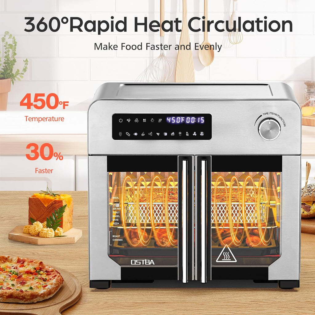 OSTBA French Door Air Fryer Toaster Oven Combo, 102 Recipes & 7 Accessories Extra Large Airfryer Convection Oven Countertop 10-in-1, 30% Faster 90% Less Oil, Stainless Steel