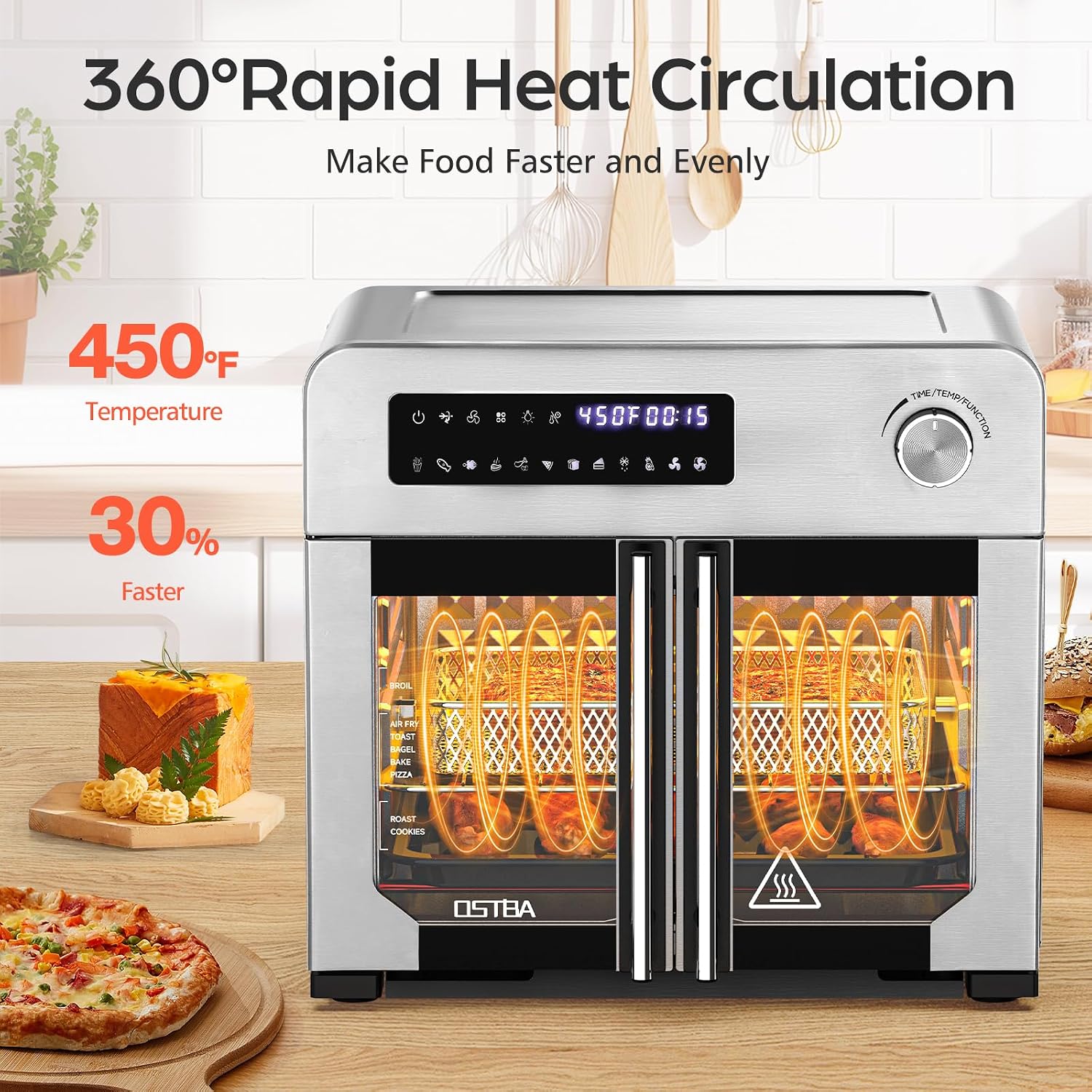 OSTBA French Door Air Fryer Toaster Oven Combo, 102 Recipes & 7 Accessories Extra Large Airfryer Convection Oven Countertop 10-in-1, 30% Faster 90% Less Oil, Stainless Steel