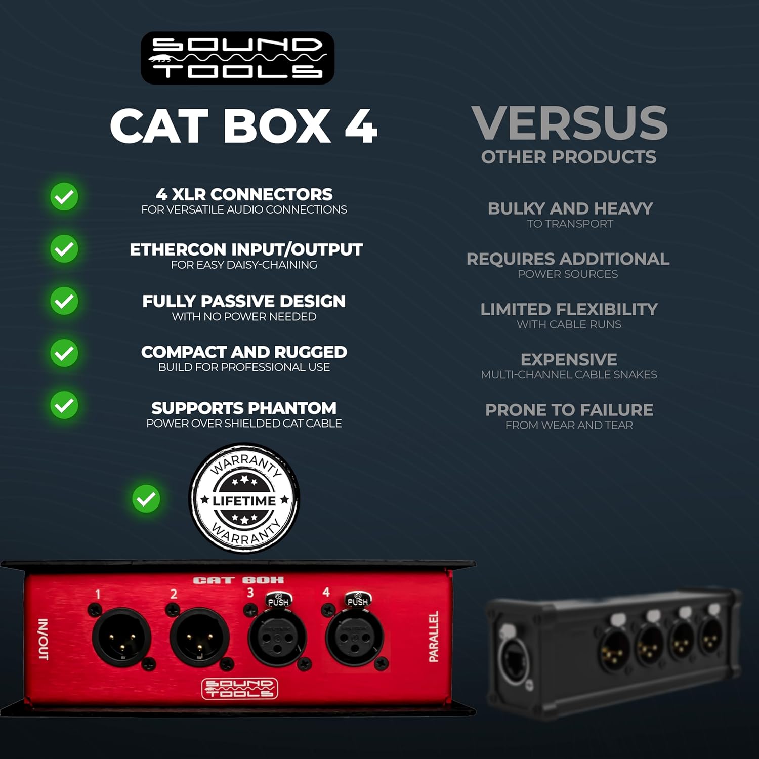 Sound Tools CAT Box MFX – 2 Male & 2 Female with Passive Analog Audio for etherCON Daisy Chain – 4 Channel XLR Over CAT5e Stage Box – DMX, COM, AES & 3-pin XLR Compatible – Rugged Aluminum Housing