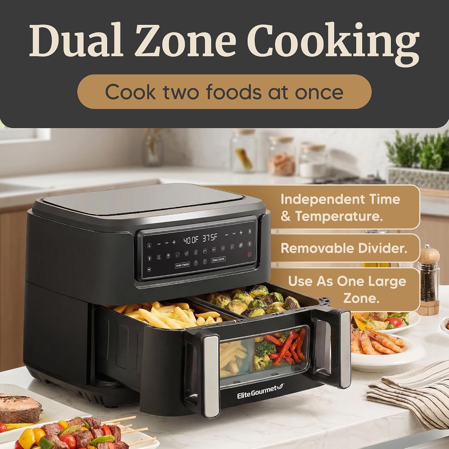 Elite Gourmet Dual Zone Air Fryer Oven 11QT, Dual Basket Air Fryer with Divider, Sync Finish & Sync Cook, PFAS Free Nonstick, 10 Presets, Air Fry Bake Roast Broil Toast Dehydrate, 1600W Black