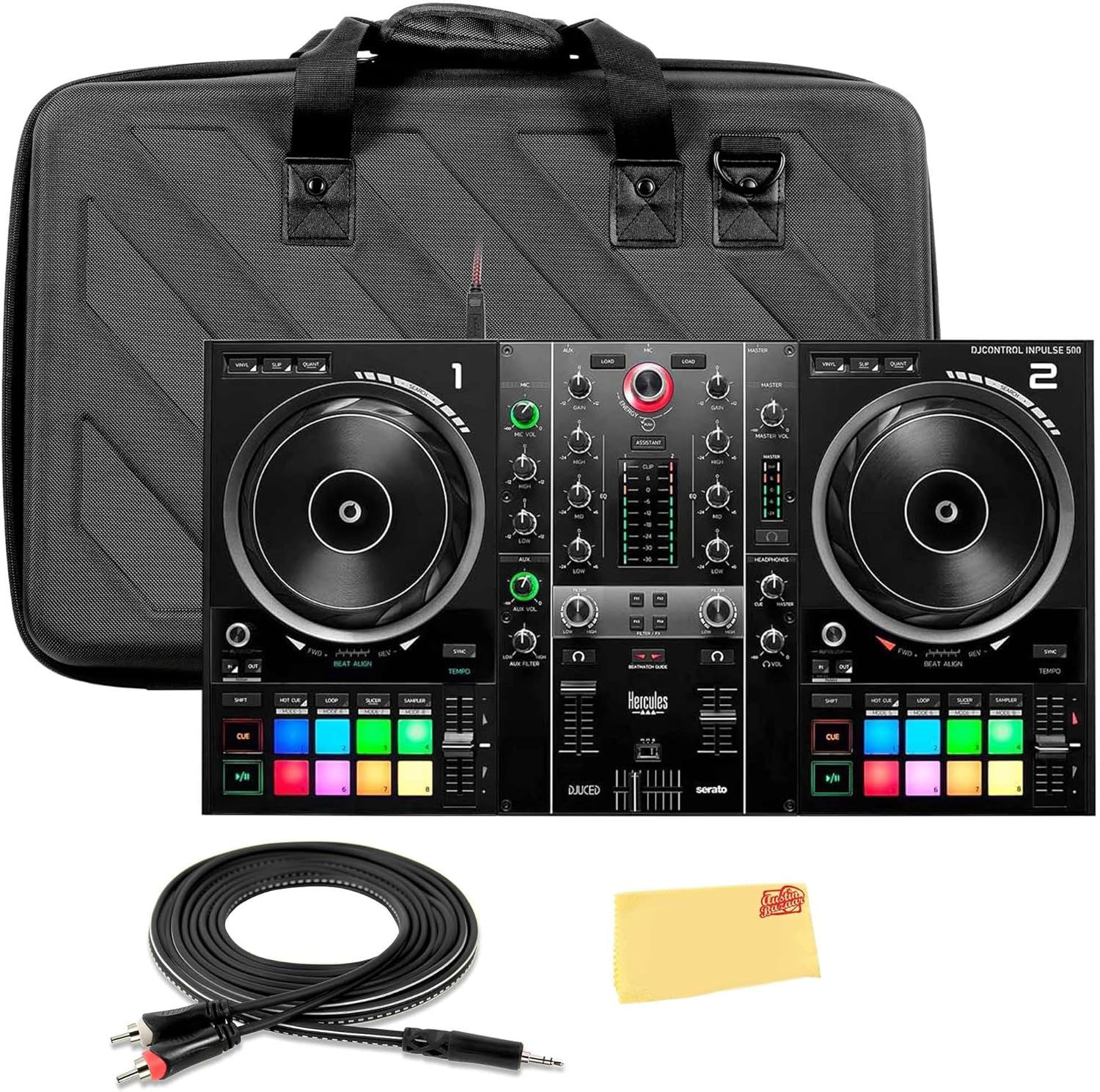 Hercules DJControl Inpulse 500 MK2 2-Channel DJ Controller Bundle with Case, TRS-to-RCA Breakout Cable, and Austin Bazaar Polishing Cloth