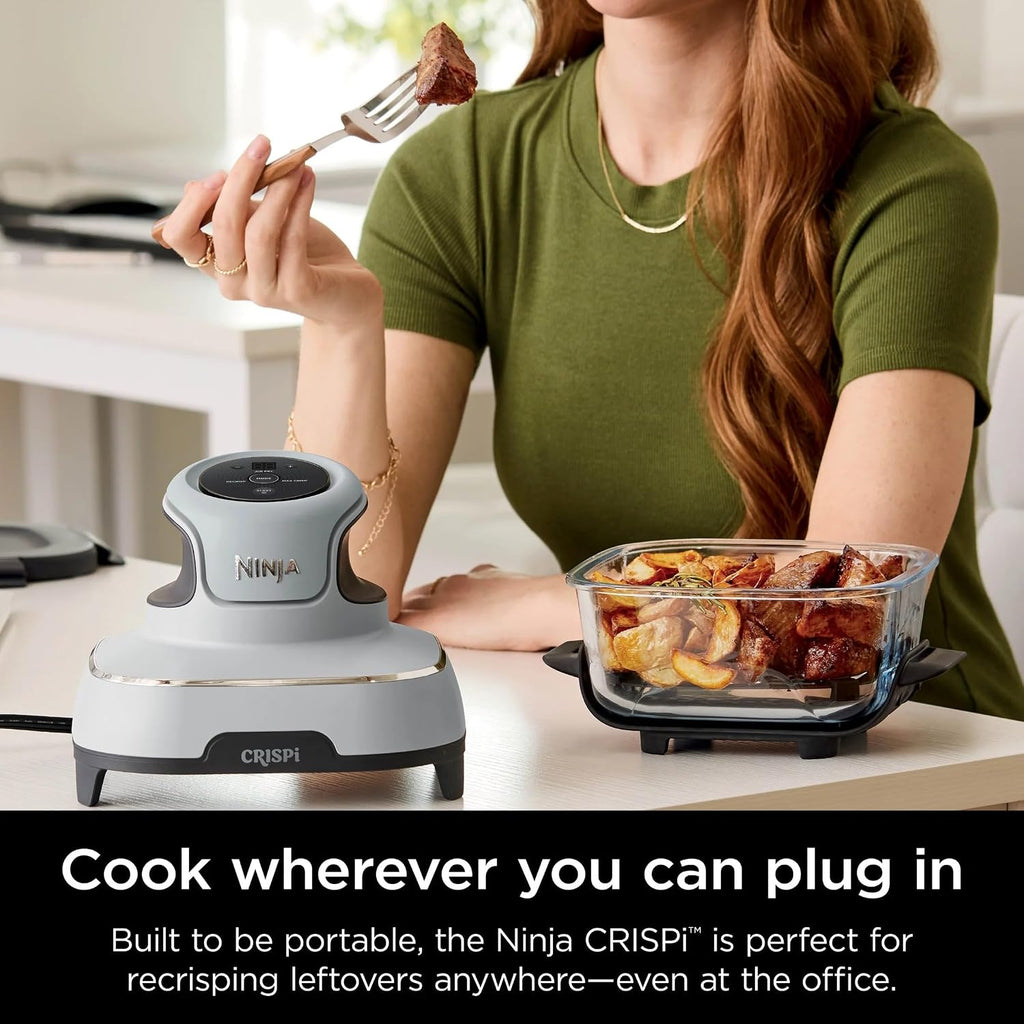 Ninja FN100WH Crispi Air Fryer, Microwave, Freezer & Dishwasher Safe, Non Toxic Glass Portable Cooking System, 4 QT & 5 Cup Glass Containers with Storage Lids, Easy Meals, White (Renewed)