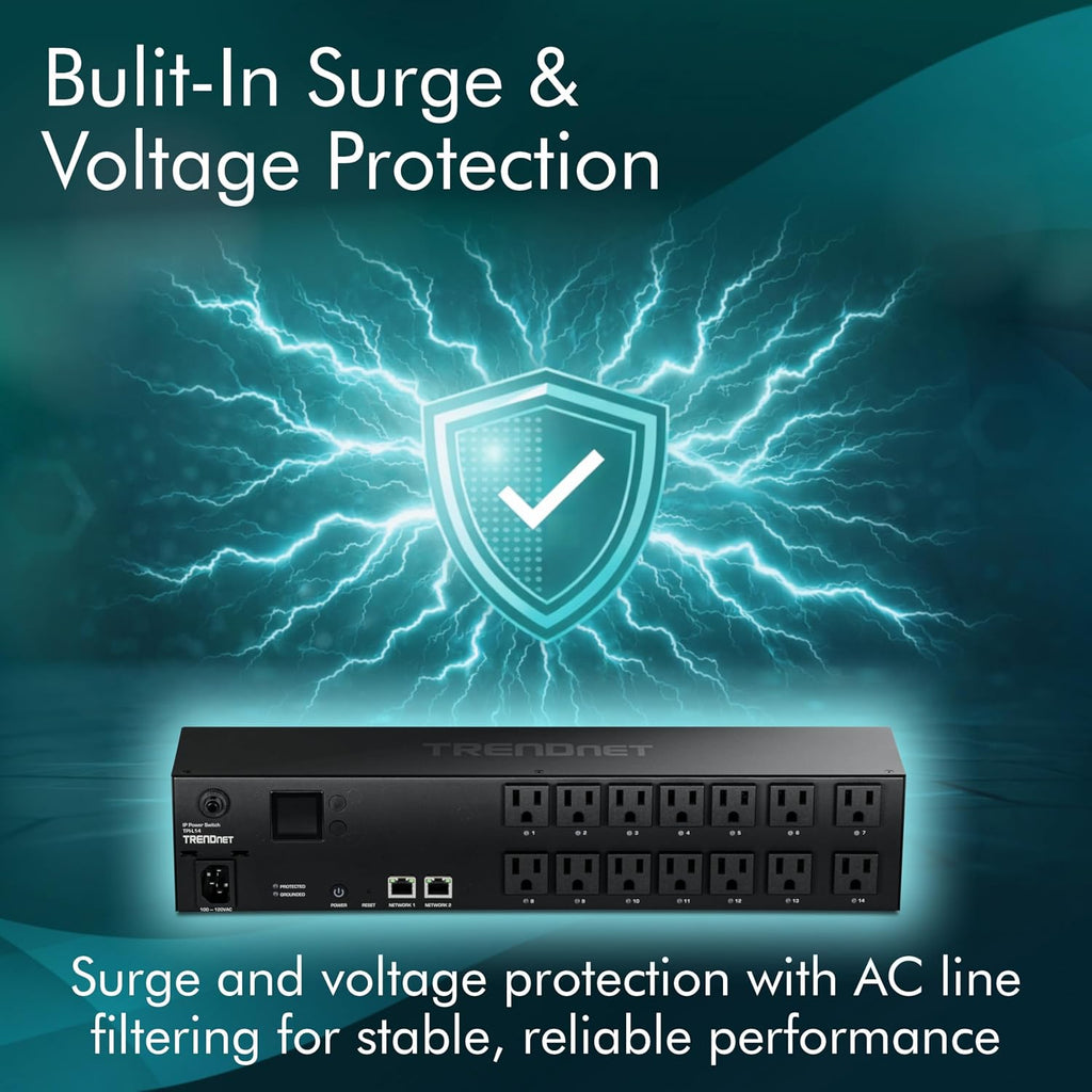 TRENDnet 14-Outlet Managed 2U Rackmount Switched Power Distribution Unit, TPI-L14, 14 x NEMA 5-15R Managed Power Outlets, 2 x Gigabit Ports, Remote Cloud Management PDU, NDAA & TAA Compliant