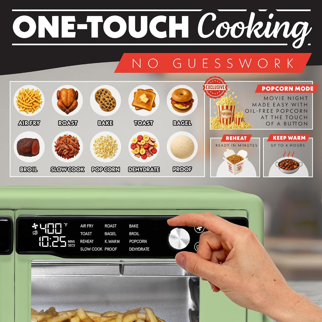 Gourmia French Door Air Fryer Oven - 37 Qt Large Capacity Convection Toaster Oven, FryForce 360°, Digital Display, 12 Cooking Presets, Dehydrate, Fits 13' Pizza, Dishwasher-Safe, Green