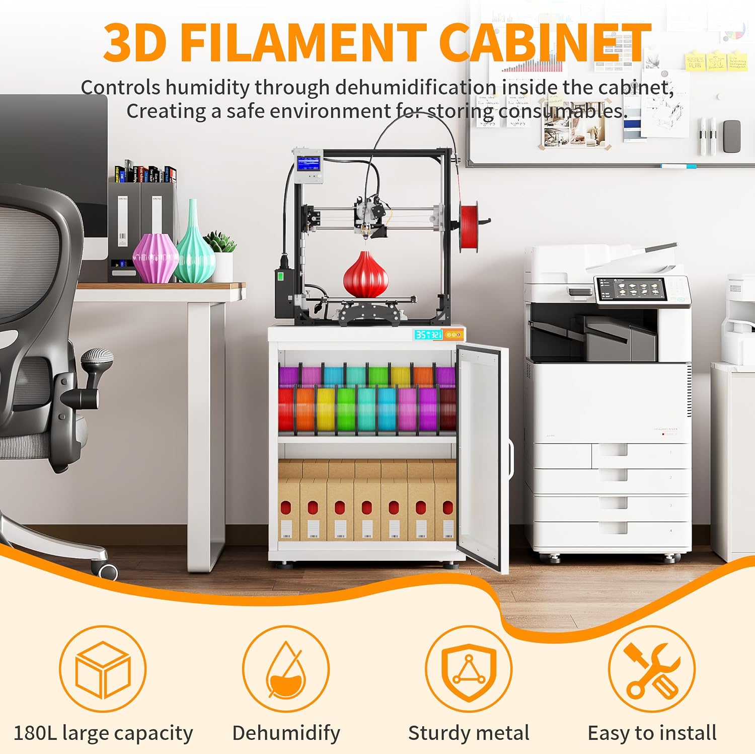 3D Printer Stand Filament Storage,25% RH Control Filament Dehumidification Cabinet 3D Printing Sealing and Protection for PLA/ABS/TPU/Nylon (White 180L)