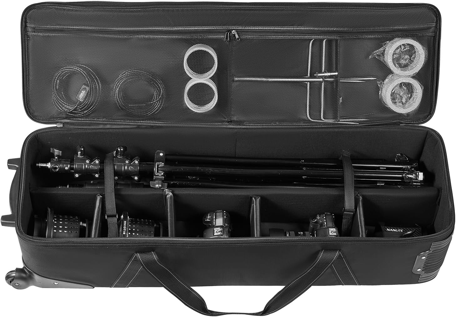 VEVOR Studio Equipment Trolley Case, 46.46 x 14.57 x 11.81 in / 118 x 37 x 30 cm, Rolling Camera Bag, Carrying Bag with Wheels Straps Padded Compartment Handle, for Light Stands, Tripods, Telescopes
