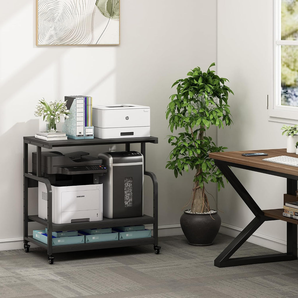 Fannova 32.3' x 18.9' Extra Large Printer Stand Table with Adjustable Storage Shelf, 3 Tier Rolling Printer Cart with Industrial Wheels for Home Office, Black