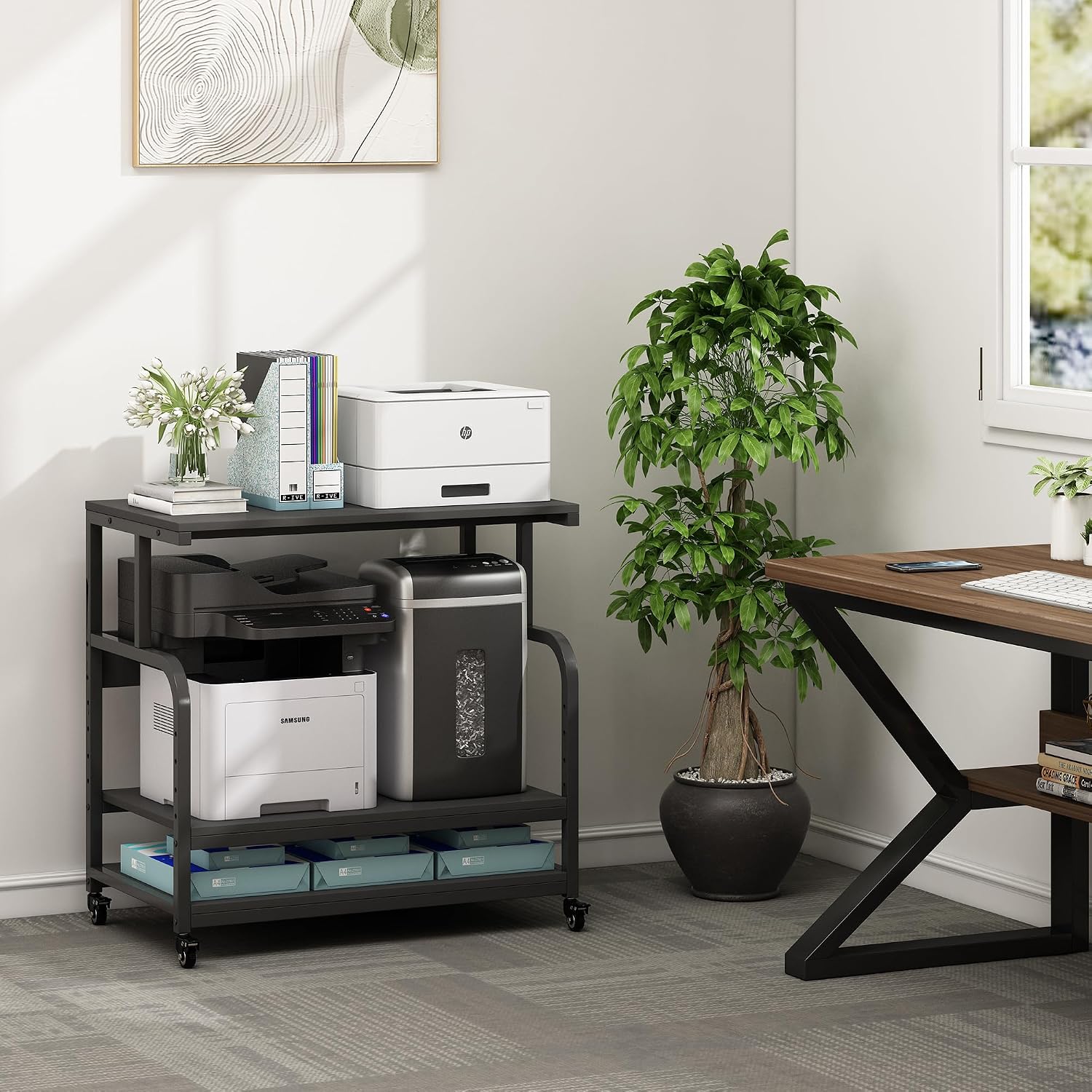 Fannova 32.3' x 18.9' Extra Large Printer Stand Table with Adjustable Storage Shelf, 3 Tier Rolling Printer Cart with Industrial Wheels for Home Office, Black