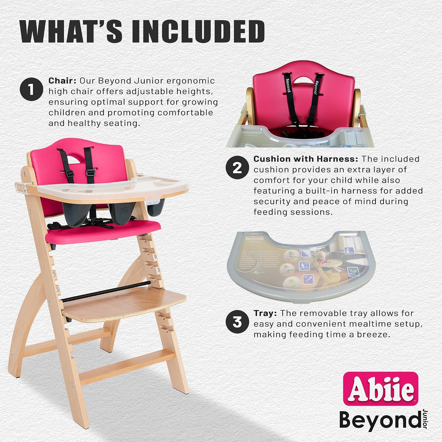 Abiie Beyond Junior Wooden High Chair for Babies and Toddlers - Convertible 3-in-1 Baby Highchair with Removable Tray - 6 Months to 250 Lb - Water Resistant - Natural Wood/Raspberry Cushion