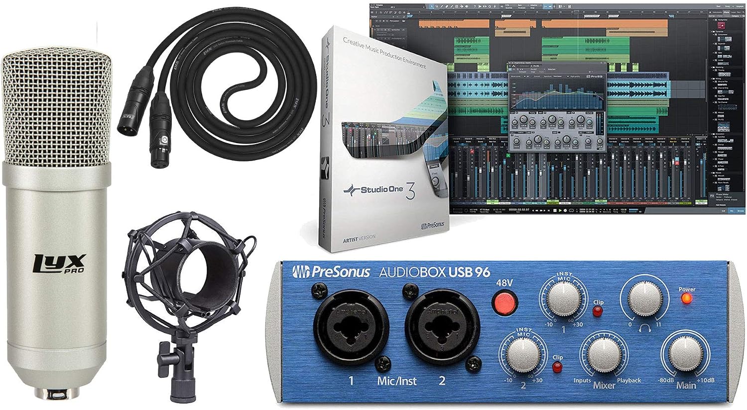 PreSonus AudioBox USB 96 Recording Bundle with Condenser Microphone Shockmount XLR Cable and Studio One Artist + Studio Magic Software (Interface Color May Vary in Blue or Black)