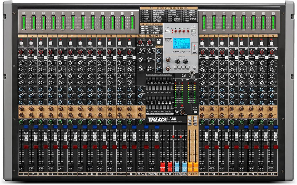 24 Channel Multi-Input Audio Mixer, High Capacity Mixing Console with USB Interface, 99 DSP Effects, 48V Phantom Power, XLR Inputs for Complex Audio Setup