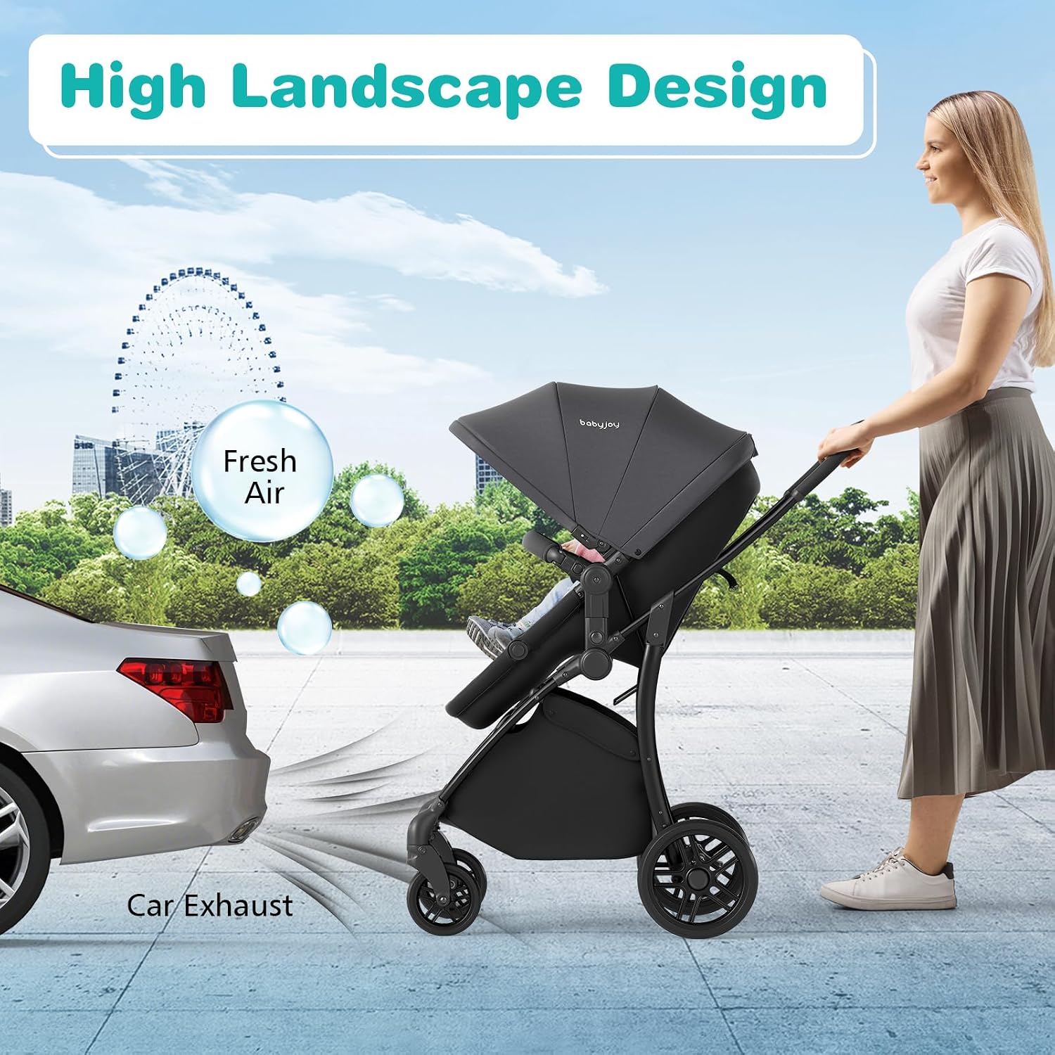 BABY JOY 2 in 1 Baby Stroller, High Landscape Convertible Bassinet Stroller with Reversible Seat, Adjustable Backrest & Canopy, Foldable Pushchair Pram Stroller for Newborn Toddler 0-36 Months (Gray)
