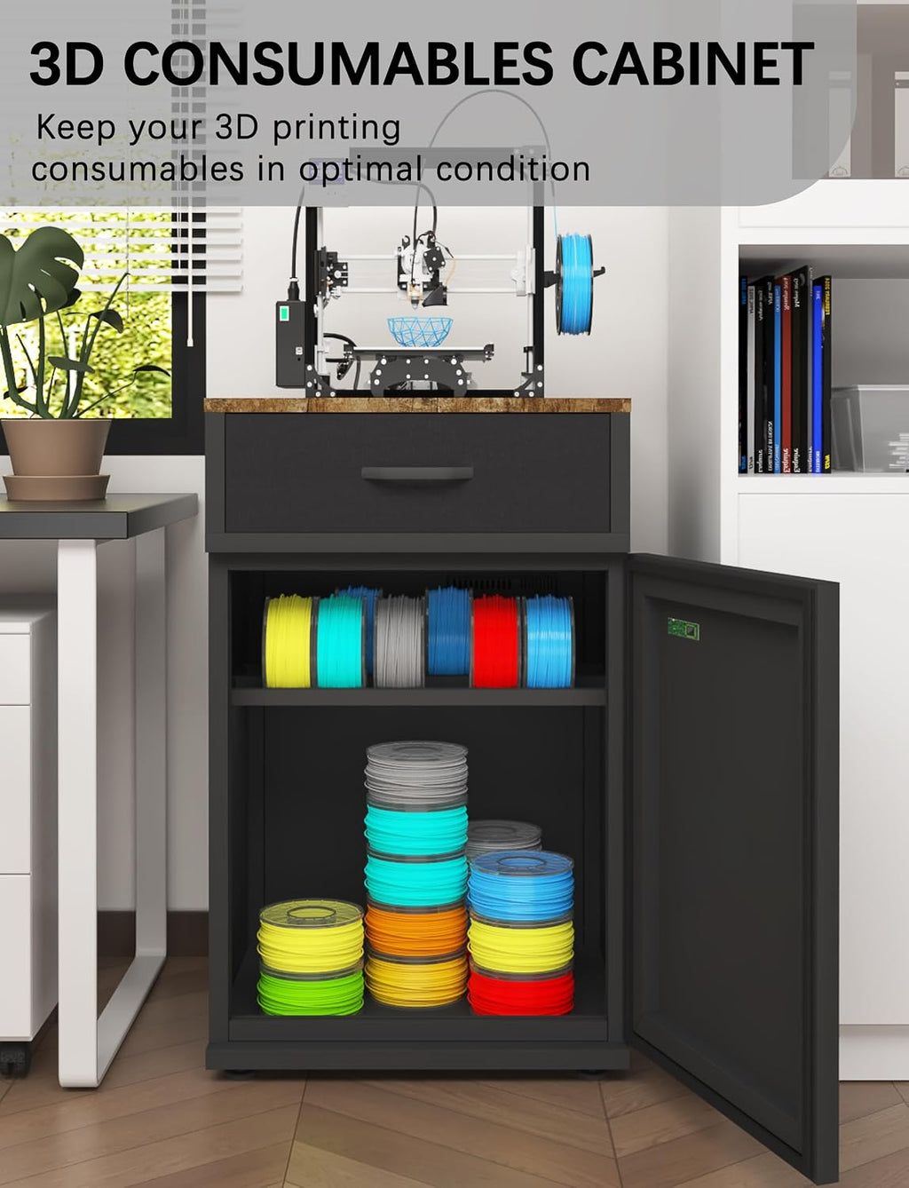 3D Printer Stand Filament Storage,25% RH Control 40 Rolls Filament Dehumidification Cabinet 3D Printing Sealing and Protection for PLA/ABS/TPU/Nylon (Black)