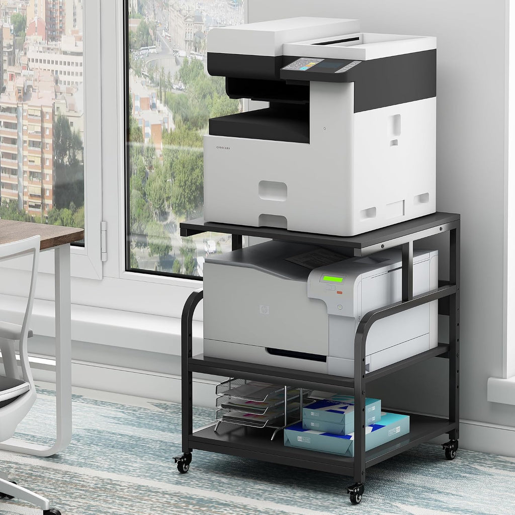 Fannova 25.6' x 23.6' Extra Large Printer Stand Table with Adjustable Storage Shelf, 3 Tier Rolling Printer Cart with Industrial Wheels for Home Office, Black