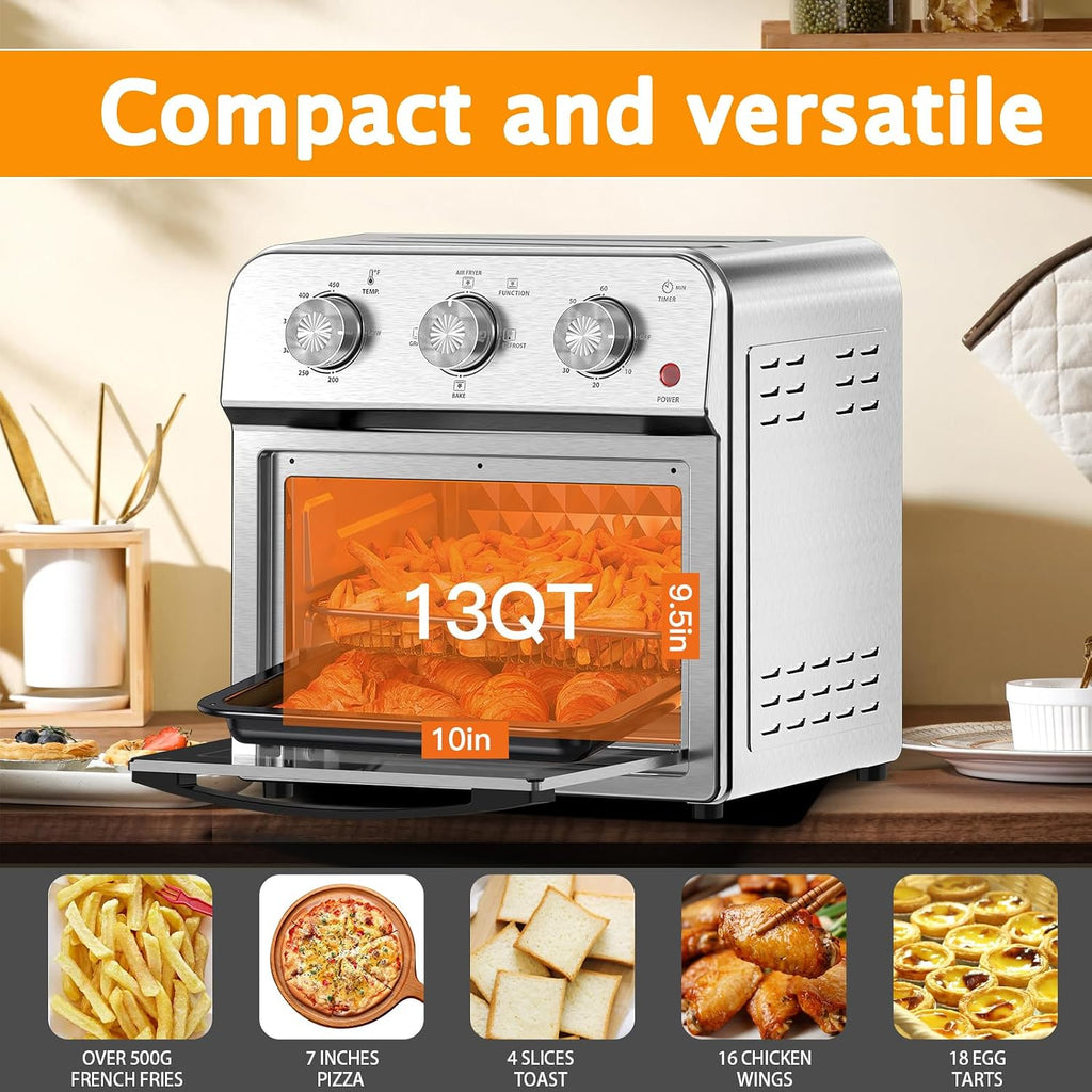 Majnesvon 4-Slice Air Fryer Toaster Oven Combo - 360° Hot Air Circulation & Larger capacity, Timer & Temp Control, Stainless Steel 7-in-1 Convection Oven Countertop, Low Oil for Family Cooking (White)