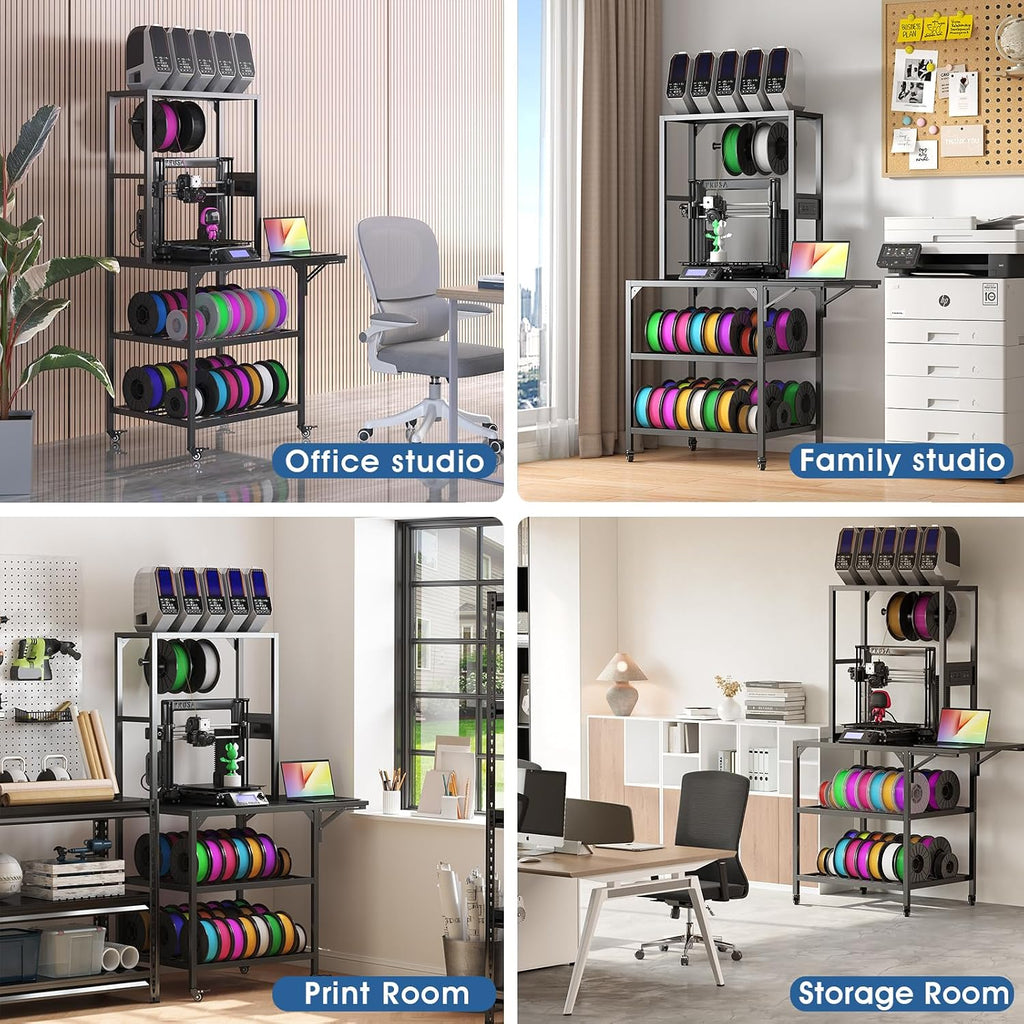 3D Printer Stand, Heavy Duty 3D Printer Table Stand with Filament Storage Rack, T-Shaped Spools Holder Rack with Wheels, 3D Printer Workbench for 3D Printing Studio, Home Office Workshop