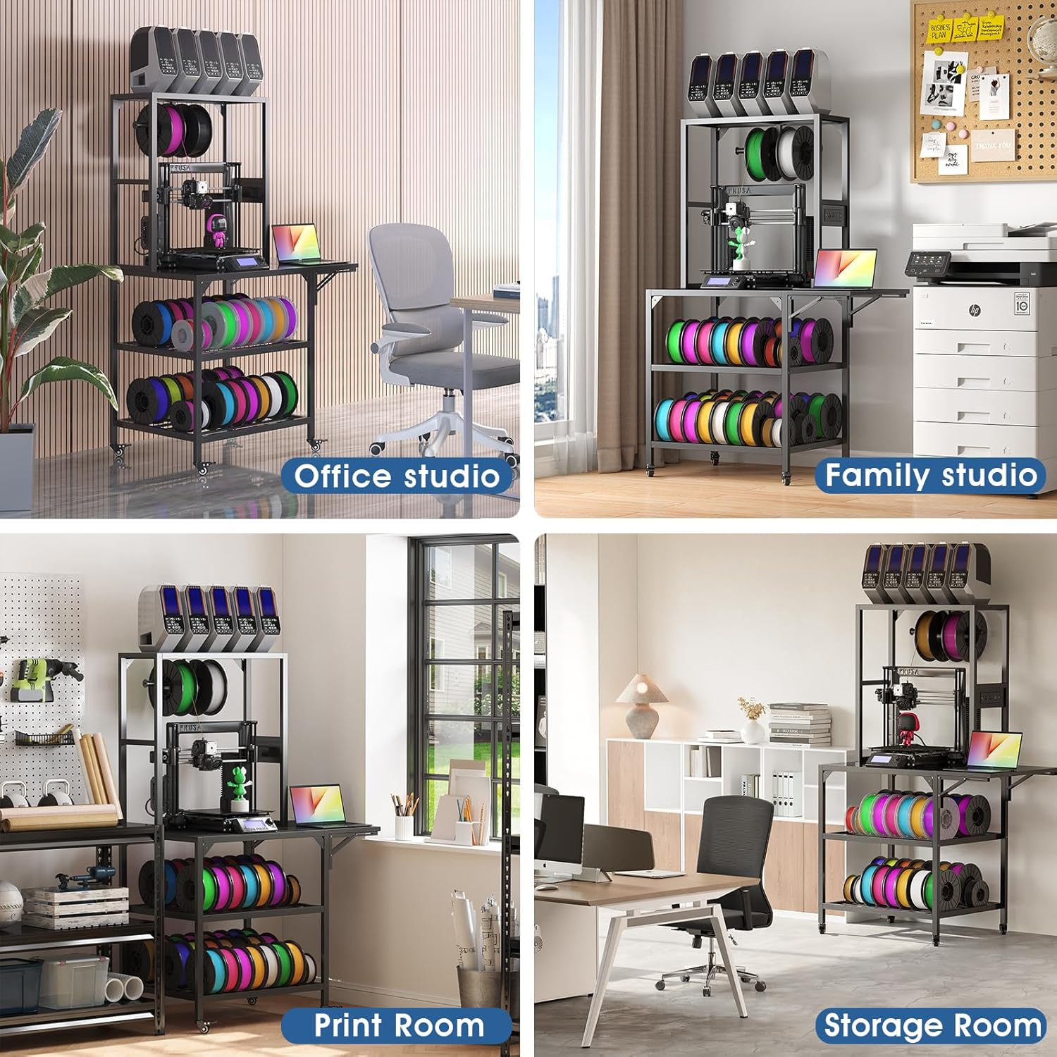 Heavy Duty 3D Printer Stand with Filament Storage, Mobile Workstation with Locking Wheels & T-Shaped Spool Holders for 3D Printing Studio Workshop