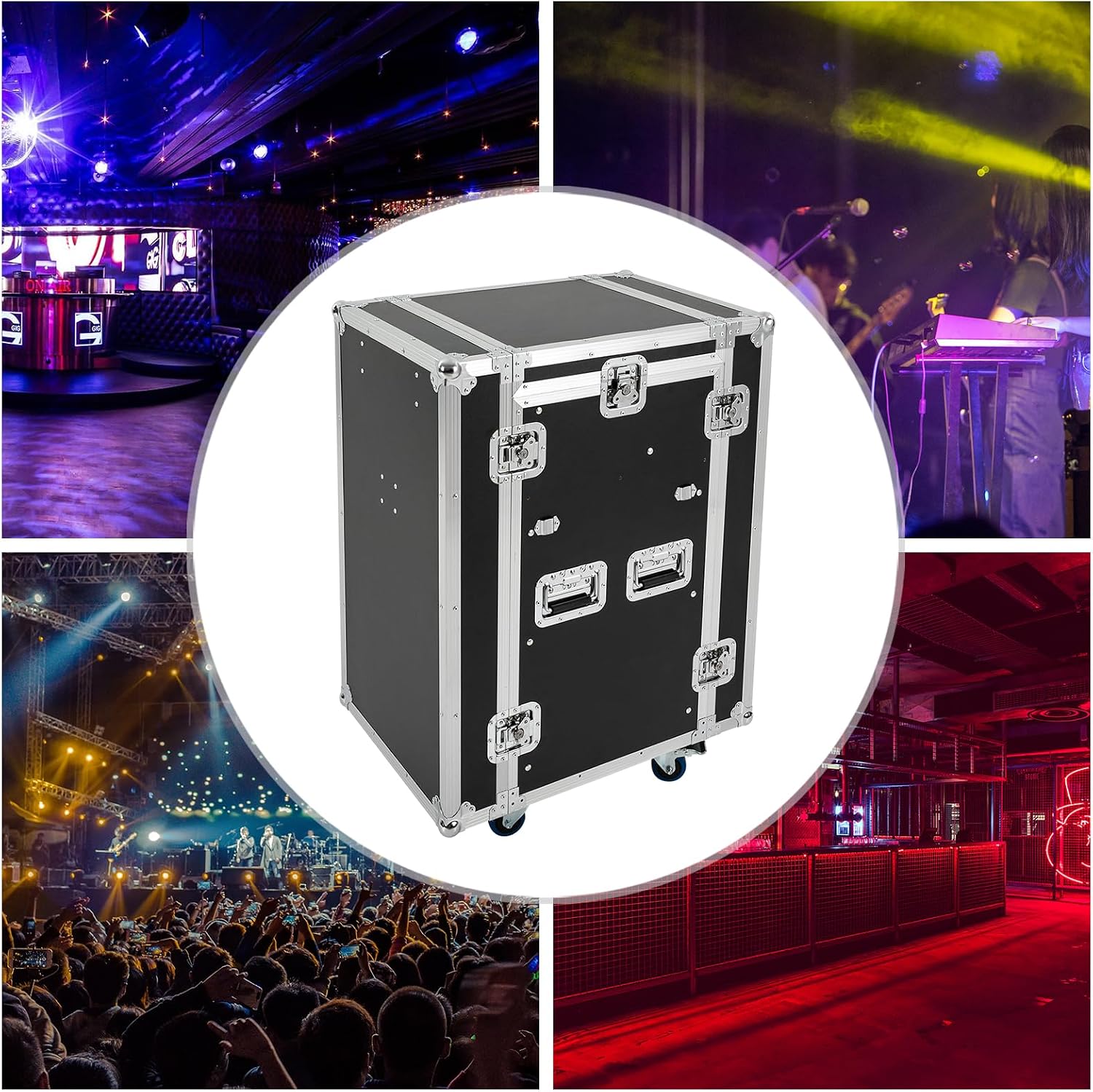 14U PA DJ Pro Audio Rack Road Case with 11U Slant Mixer Top, DJ Work Table and Casters, DJ Mixer Rack, Pro Tour Grade