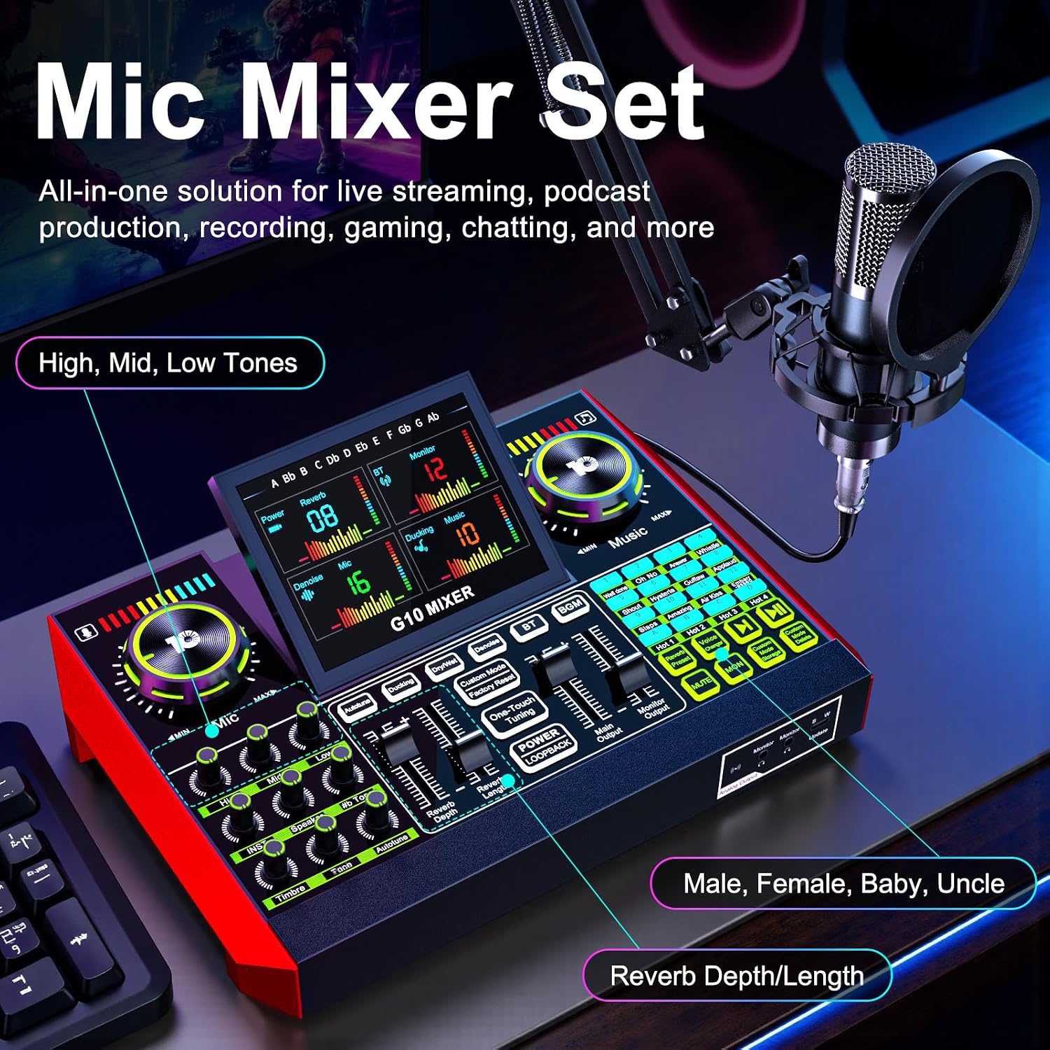 Podcast Equipment Bundle with 3.5mm BM800 Condenser Microphone for Pc/Phone Live Streaming Singing Gaming, Podcast Microphone Bundle with Live Sound Board Audio Mixer,Voice Changer, Denoise,DJ Sets