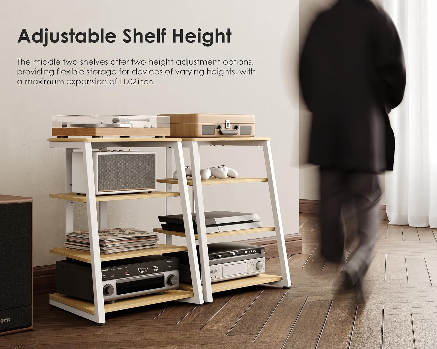 FITUEYES Design 4-Tier AV Media Stand Corner Shelf Stand Wooden Corner Shelves Component Cabinet Stereo Rack Audio Tower with Height Adjustable Wooden Shelves for ps4 (White Oak)