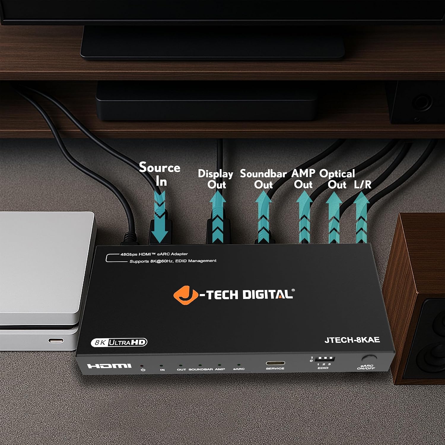 J-Tech Digital 8K HDMI Audio Extractor with eARC ARC 8K 60Hz 4K 120Hz, HDMI to Optical L/R Converter Adapter, HDCP 2.3 HDR CEC EDID [JTECH-8KAE]
