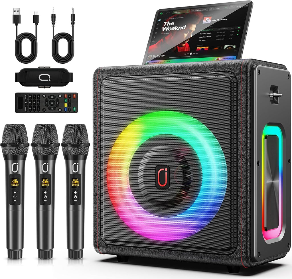 Karaoke Machine, Portable Bluetooth 5.3 Speaker with 3 Wireless Microphones for Adults, PA System with Pitch Correction & Echo Adjustment, Supports TWS/TF Card/USB/AUX/Live for Home Party (3MICS)
