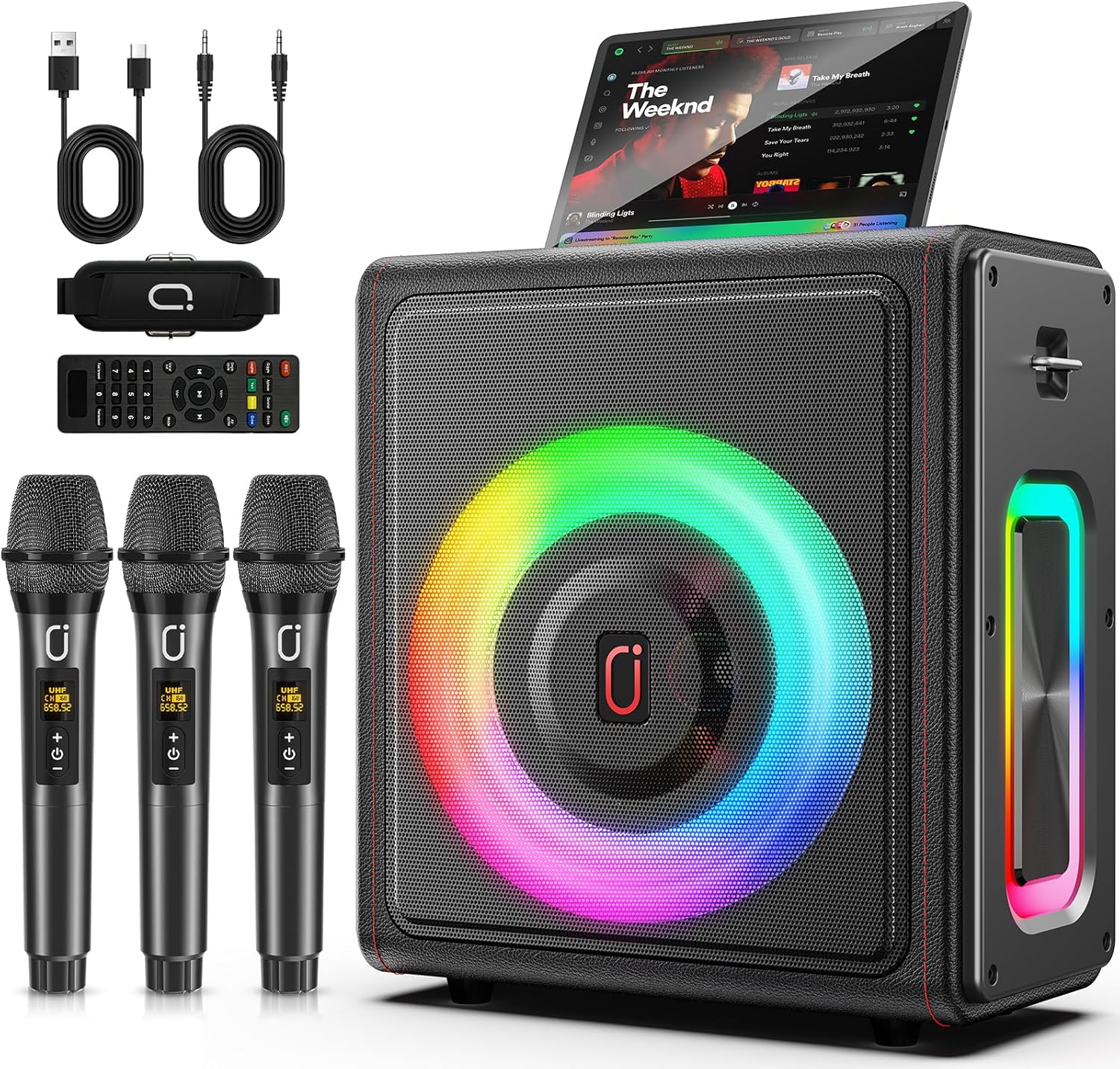 Karaoke Machine, Portable Bluetooth 5.3 Speaker with 3 Wireless Microphones for Adults, PA System with Pitch Correction & Echo Adjustment, Supports TWS/TF Card/USB/AUX/Live for Home Party (3MICS)