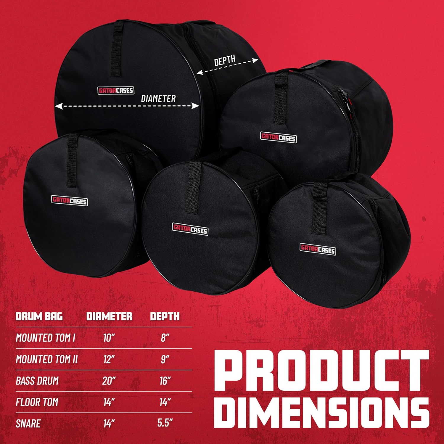Gator Cases Jazz Fusion Drum Set Bags: 20'x16', 12'x8', 10'x7', 14'x14', 5.5'x14'; (GP-JAZZFS-100)