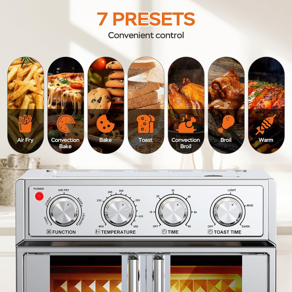 PlumChef 27.5QT Large Capacity Air Fryer Toaster Oven, French Double Door Convection Oven 1700W,7-in-1 Multifunctional with 7 Presets for Bake Roast Grill Toast Dehydrate Defrost, Stainless Steel