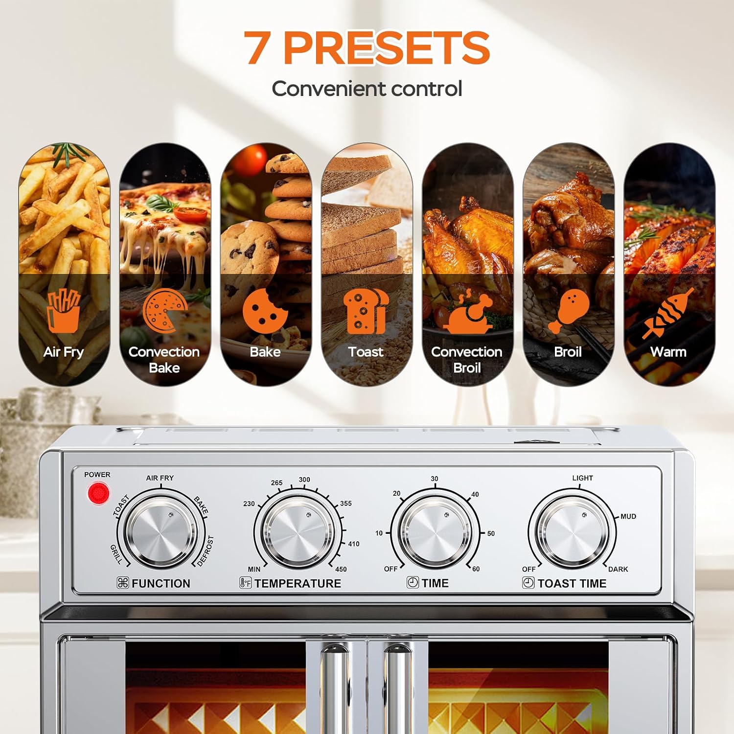 PlumChef 27.5QT Large Capacity Air Fryer Toaster Oven, French Double Door Convection Oven 1700W,7-in-1 Multifunctional with 7 Presets for Bake Roast Grill Toast Dehydrate Defrost, Stainless Steel