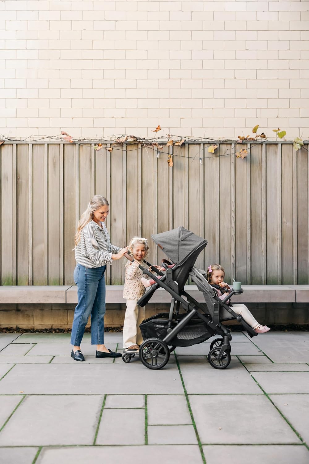 UPPAbaby RumbleSeat V2+ Second Lower Seat/Compatible with Vista V2 and Vista V3 / Adapters, Bumper Bar, Bug Shield Included/Bryce (White Marl/Silver Frame/Chestnut Leather)