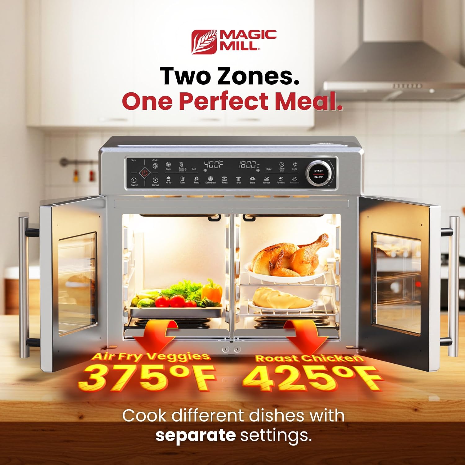 Magic Mill Ultra-Premium Dual-Zone Stainless Steel Air Fryer Toaster Oven Combo, Extra Large 32QT French Door Convection Oven with Next-Gen Patent Technology, 13 Accessories, Rotisserie, Sync Finish