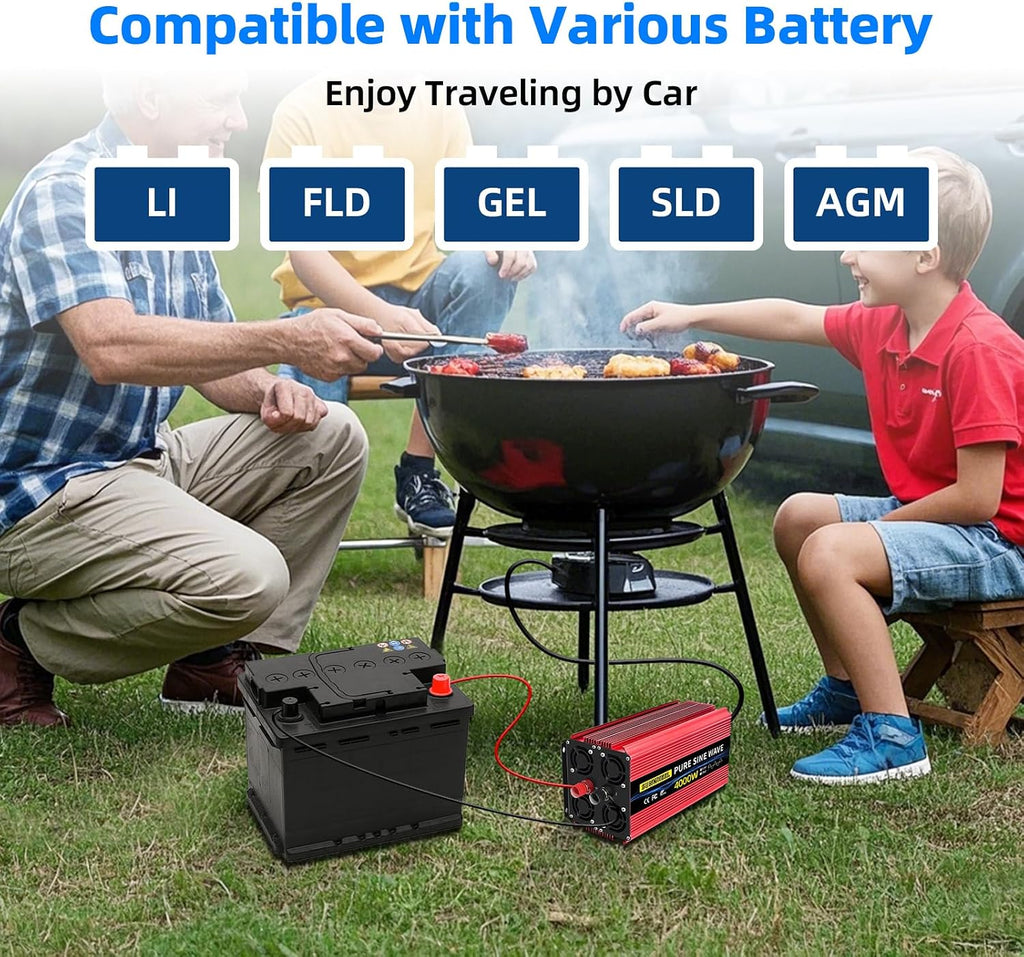 SUNWHEEL 4000W Pure Sine Wave Inverter, Solar Off-Grid Inverter, 12V DC to 110V 120V AC for RV、Microwave、Truck、Refrigerator、Freezer、TV、Air Conditioner with 4 AC outlets and LCD Display